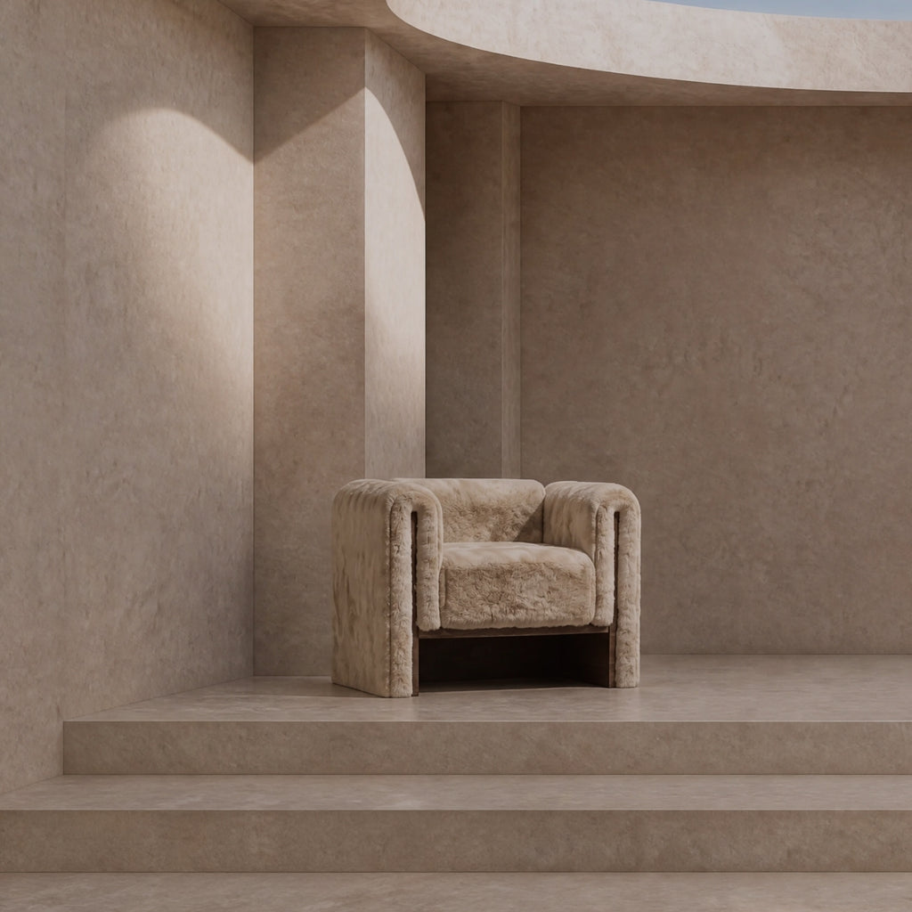 The SOCIALÉ occasional chair, in sand shearling on tobacco wood