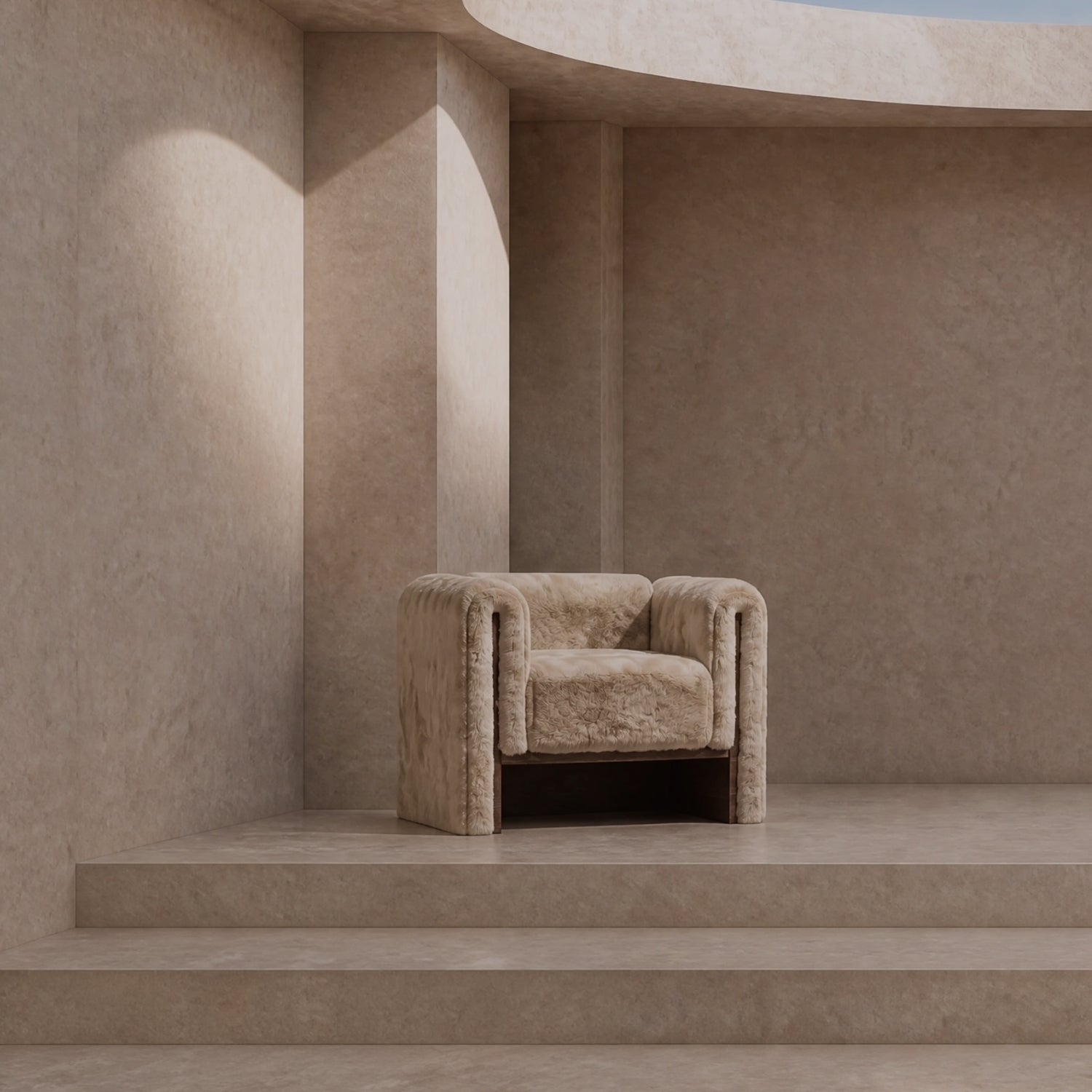 The SOCIALÉ occasional chair, in sand shearling on tobacco wood