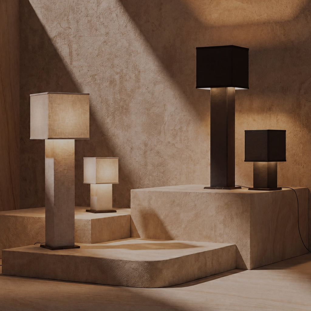 The SQUARE COLUMN table lamp, in char linen and velvet