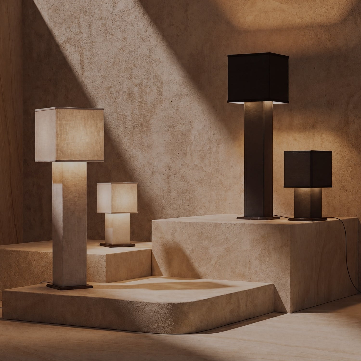 The SQUARE COLUMN table lamp, in char linen and velvet