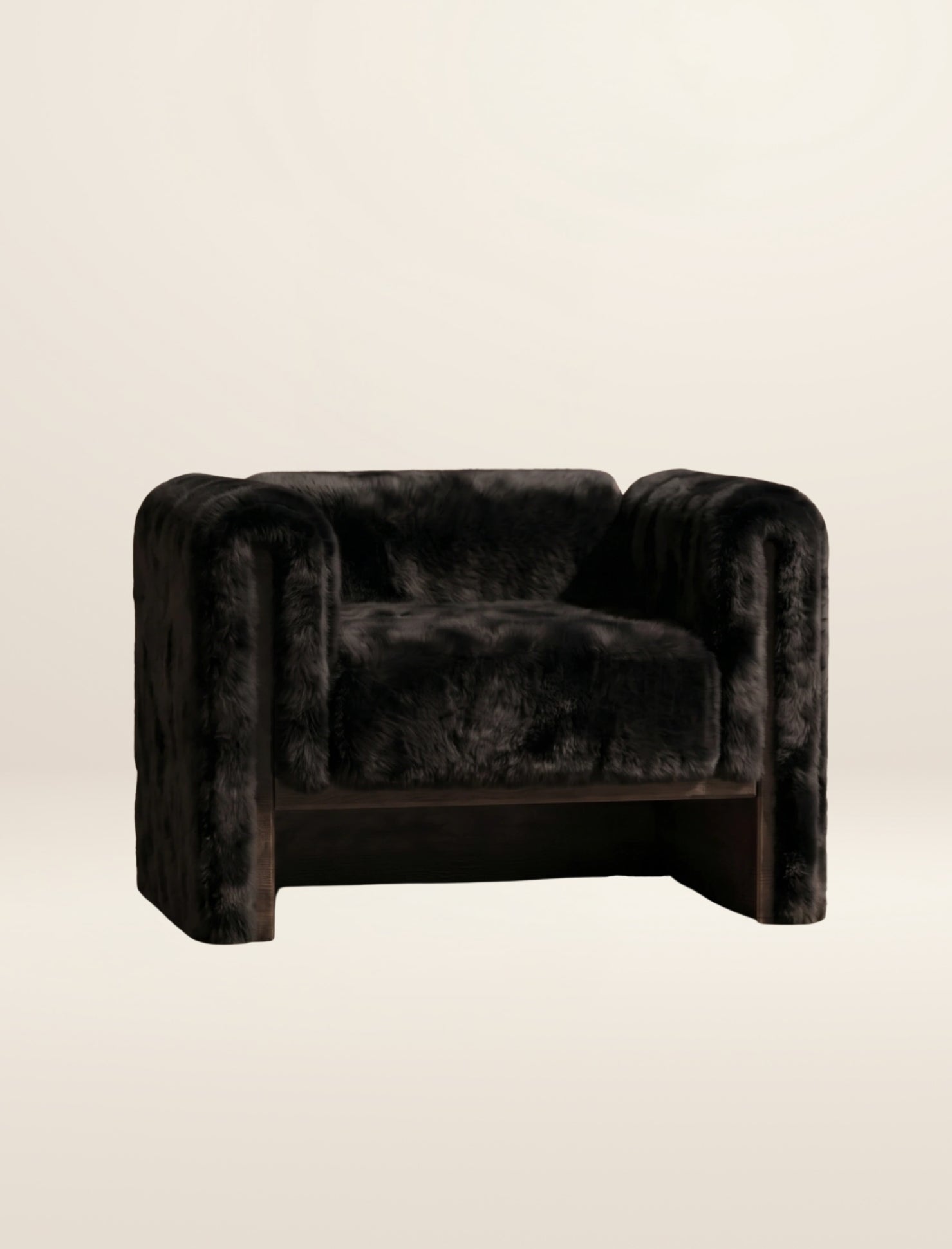 The SOCIALÉ occasional chair, in char shearling on chocolate wood