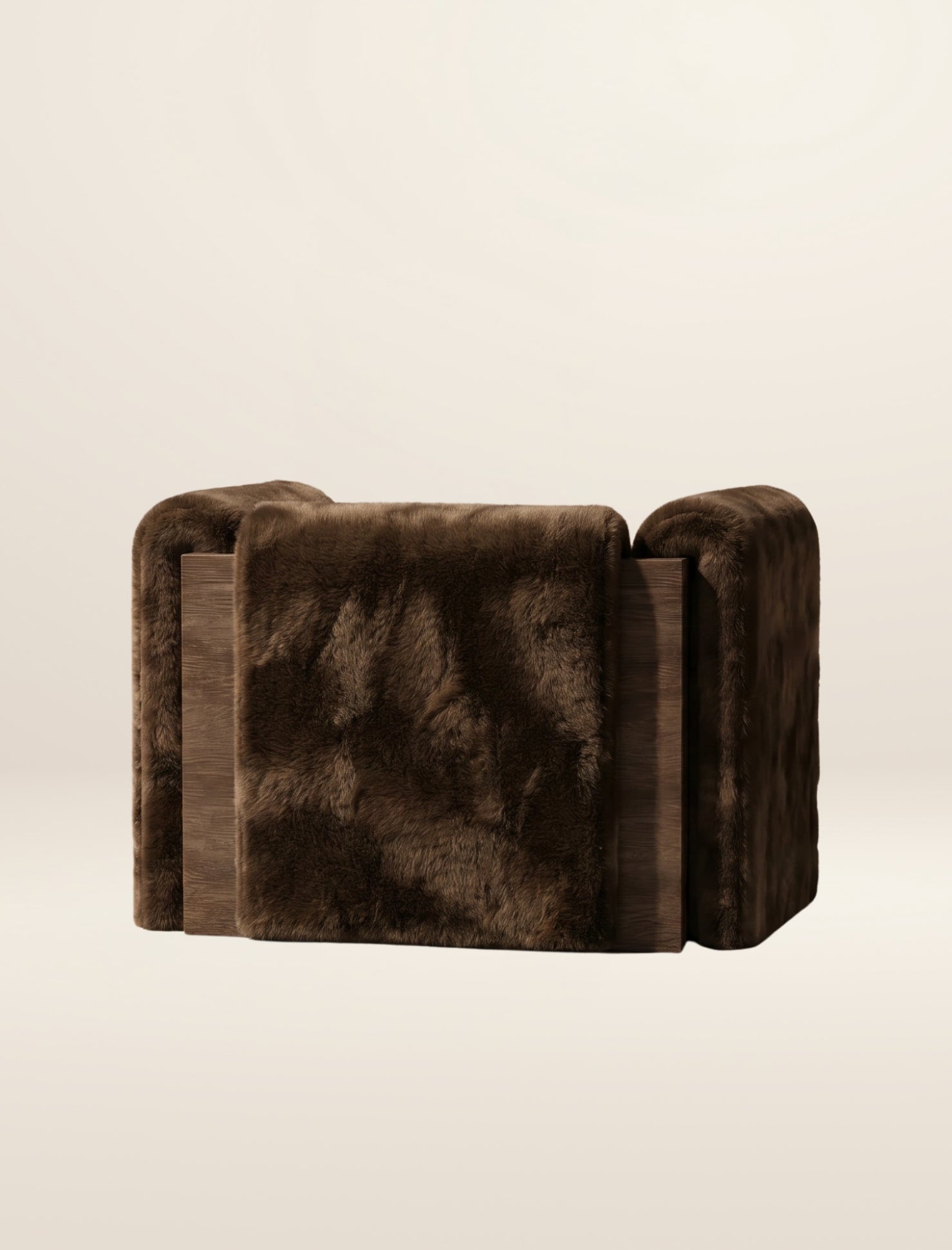 The SOCIALÉ occasional chair, in chocolate shearling on chocolate wood