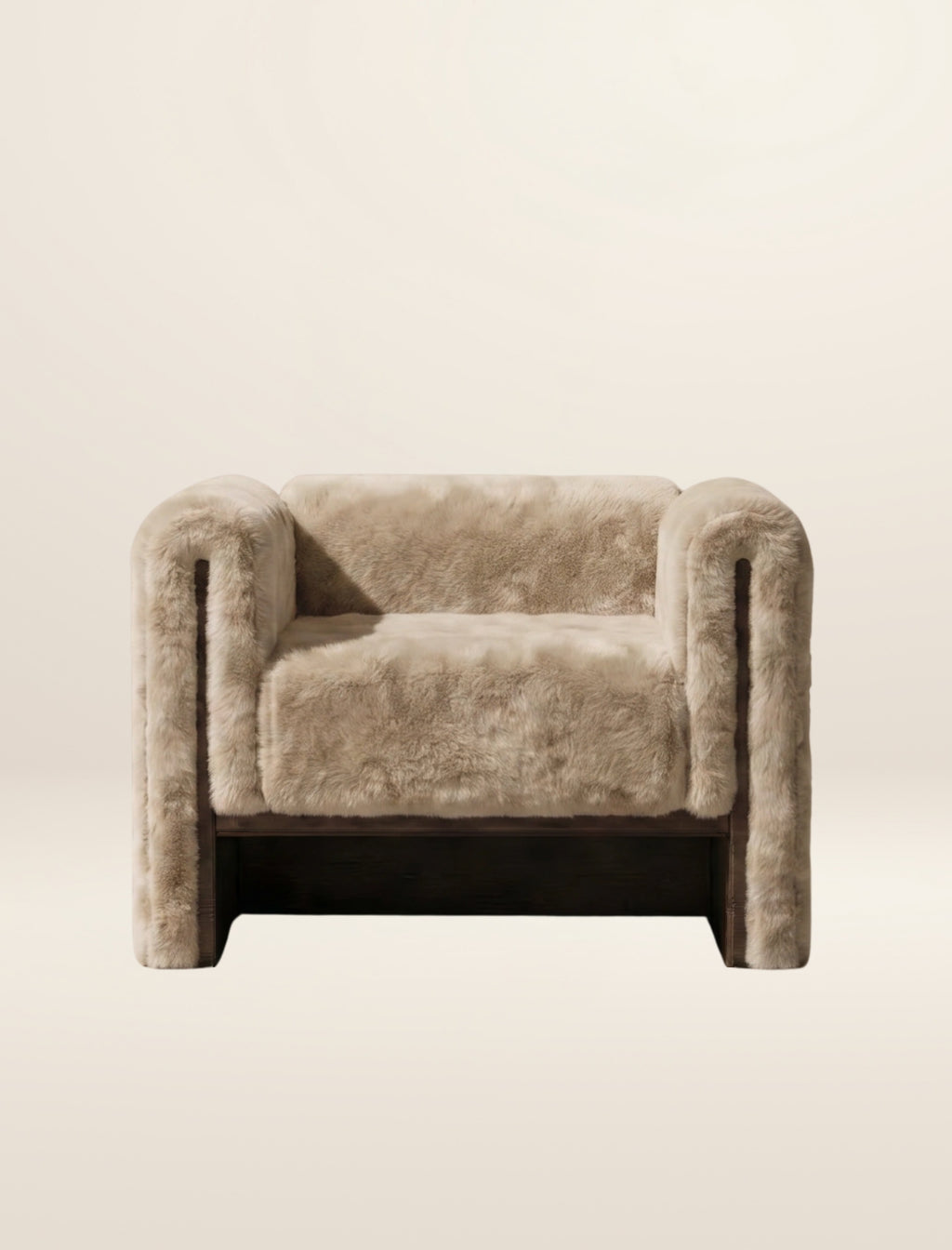 The SOCIALÉ occasional chair, in sand shearling on tobacco wood