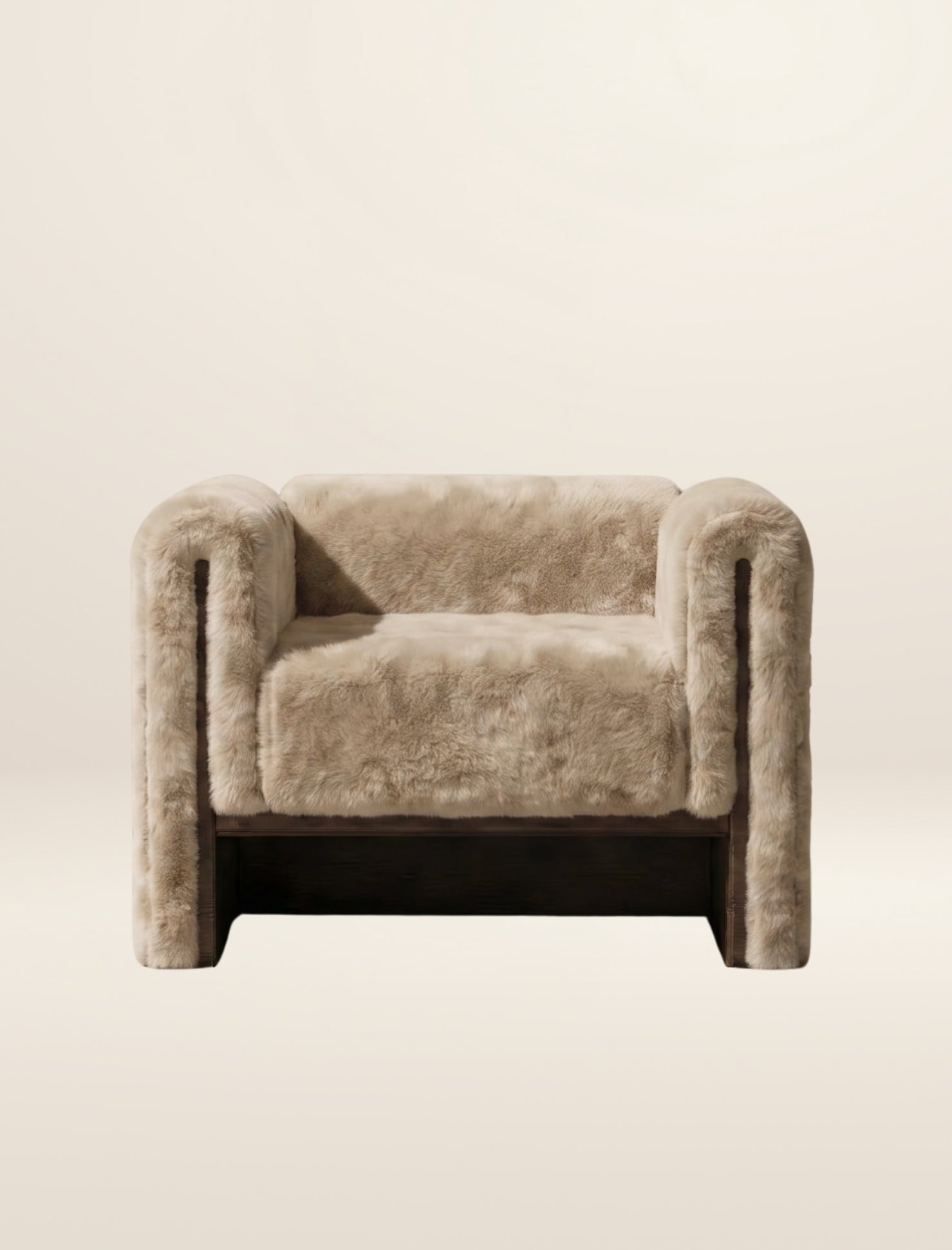 The SOCIALÉ occasional chair, in sand shearling on tobacco wood