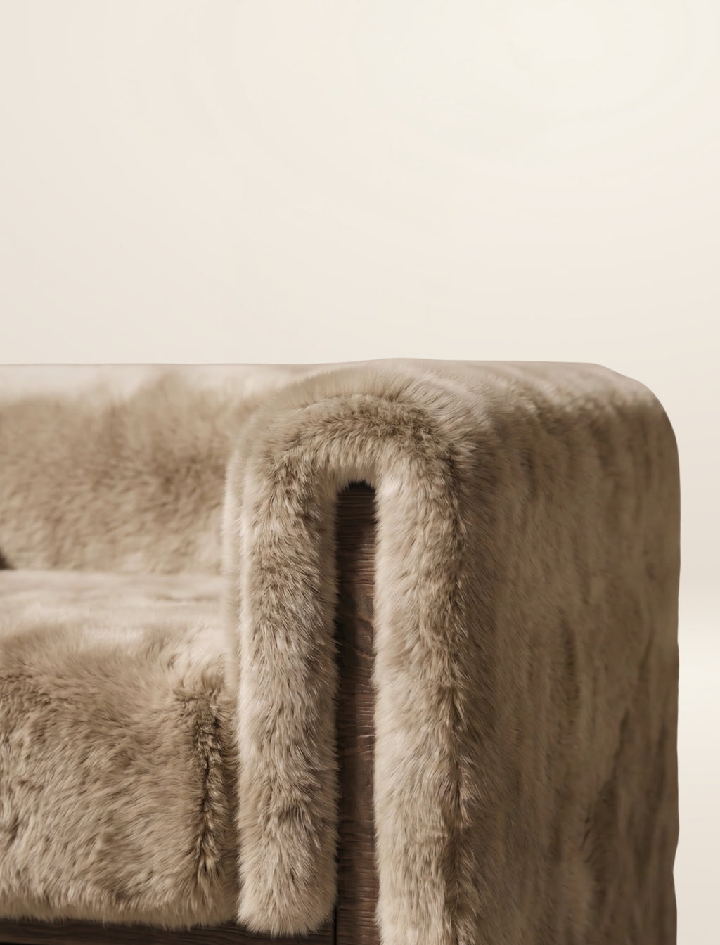 The SOCIALÉ occasional chair, in sand shearling on tobacco wood