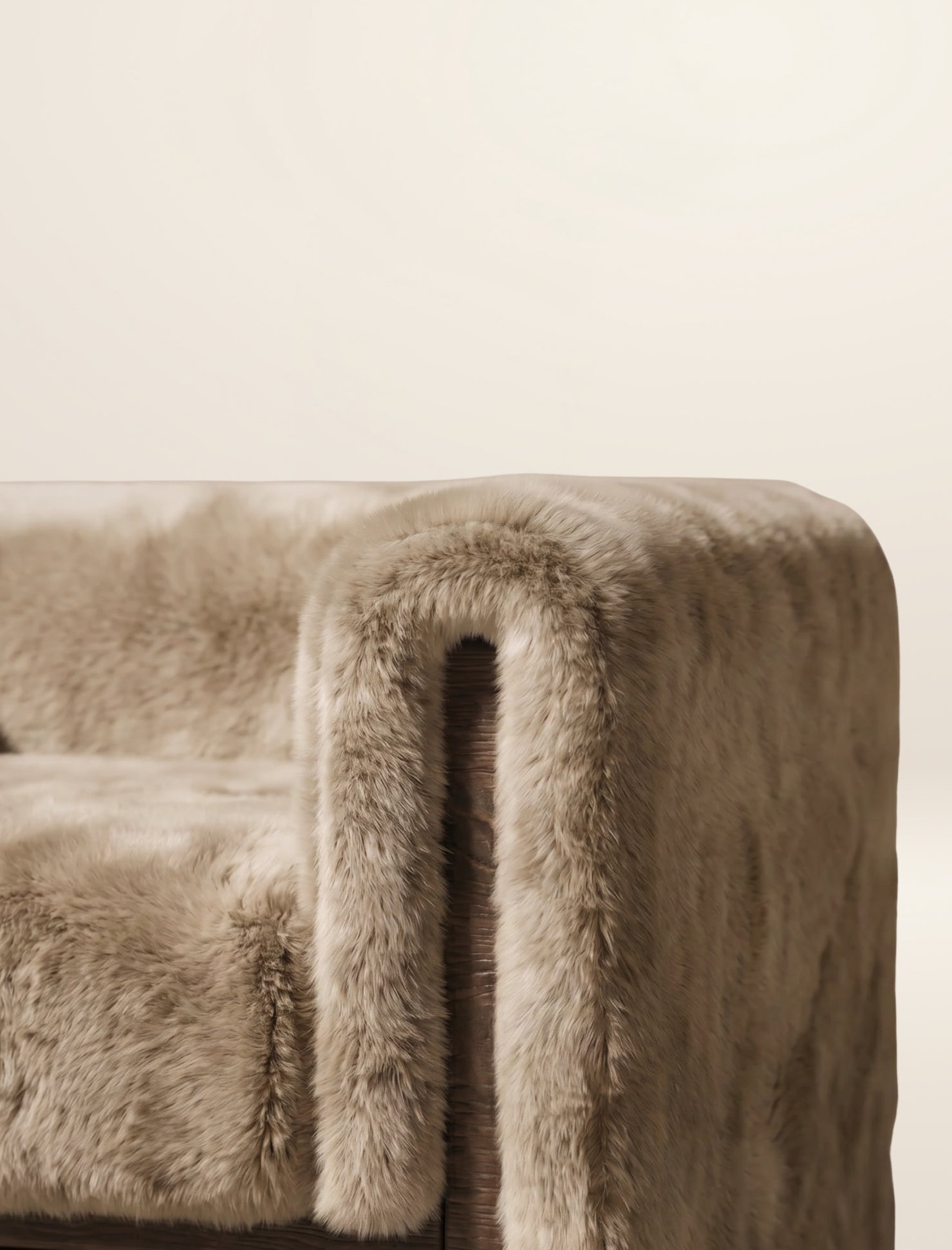 The SOCIALÉ occasional chair, in sand shearling on tobacco wood