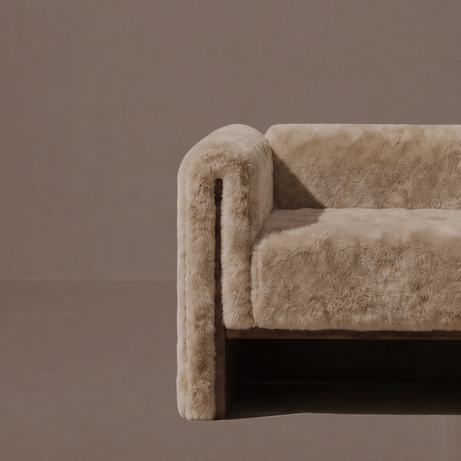 The SOCIALÉ occasional chair, in sand shearling on tobacco wood