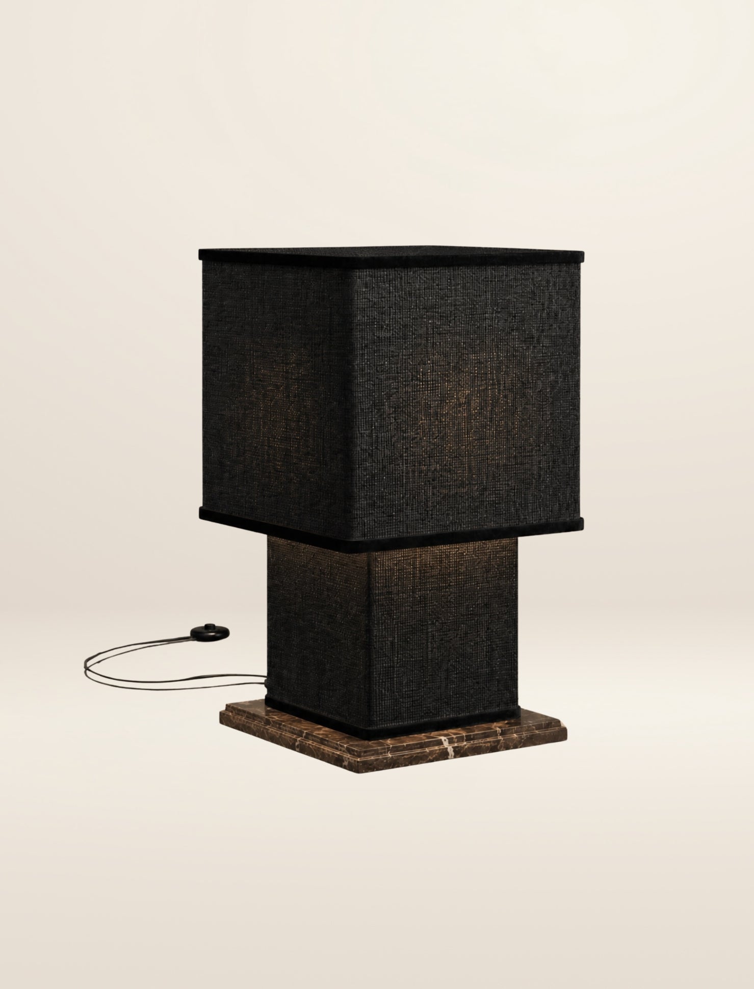 The SQUARE COLUMN table lamp, in char linen and velvet