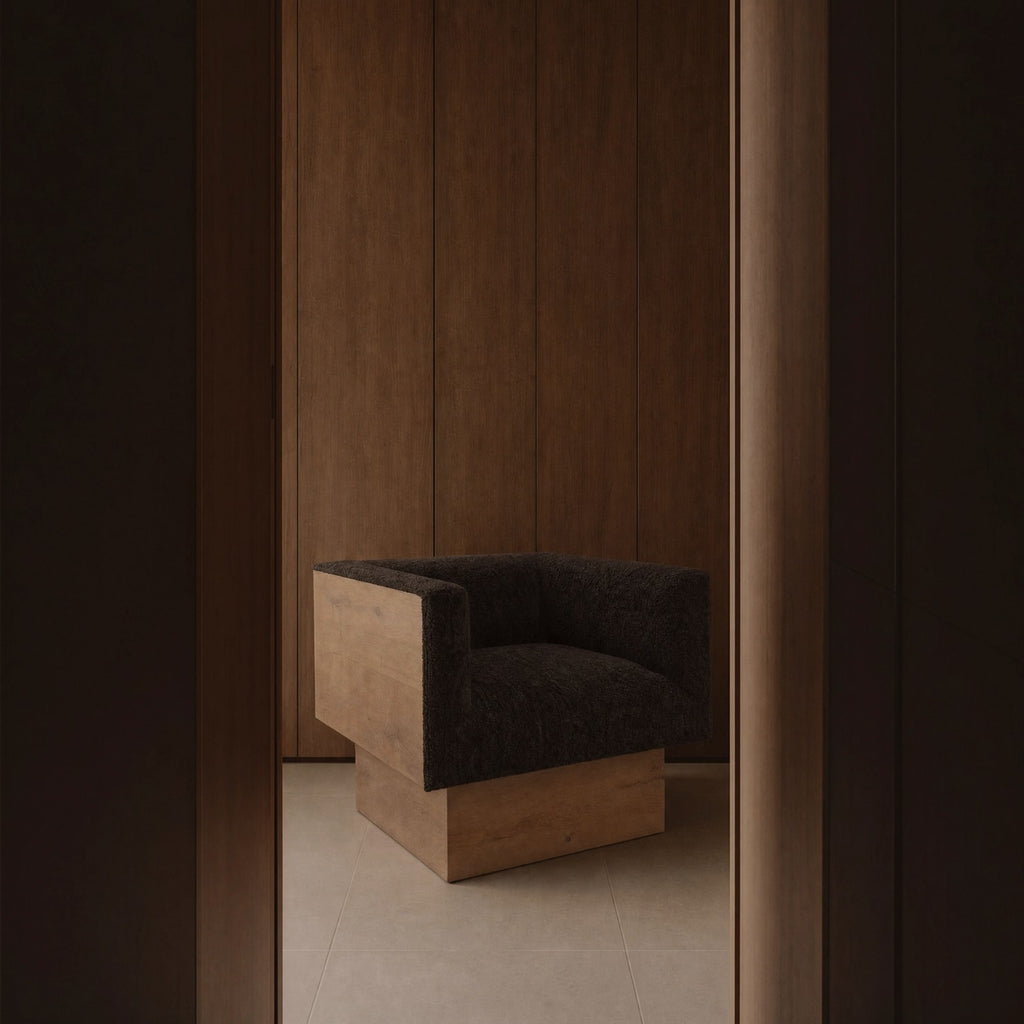 The CLIFTON IN BALANCE armchair in dark chocolate and oak